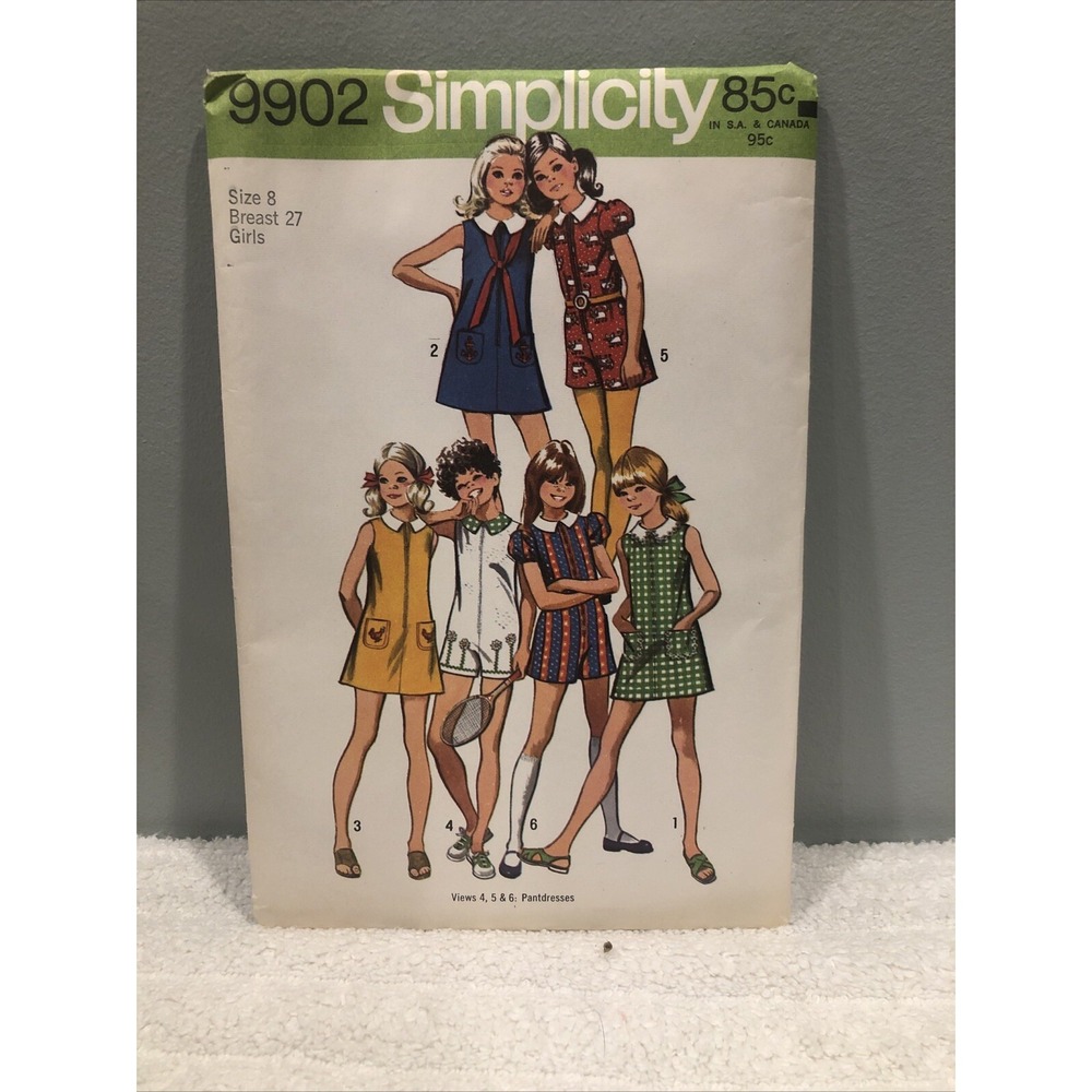 Simplicity 9902 Vtg Pattern Children A-Line Dress Short Romper Front Zip 8 CUT